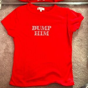 RILEY & JAMES bright red fitted shirt with embroided gems saying “DUMP HIM”